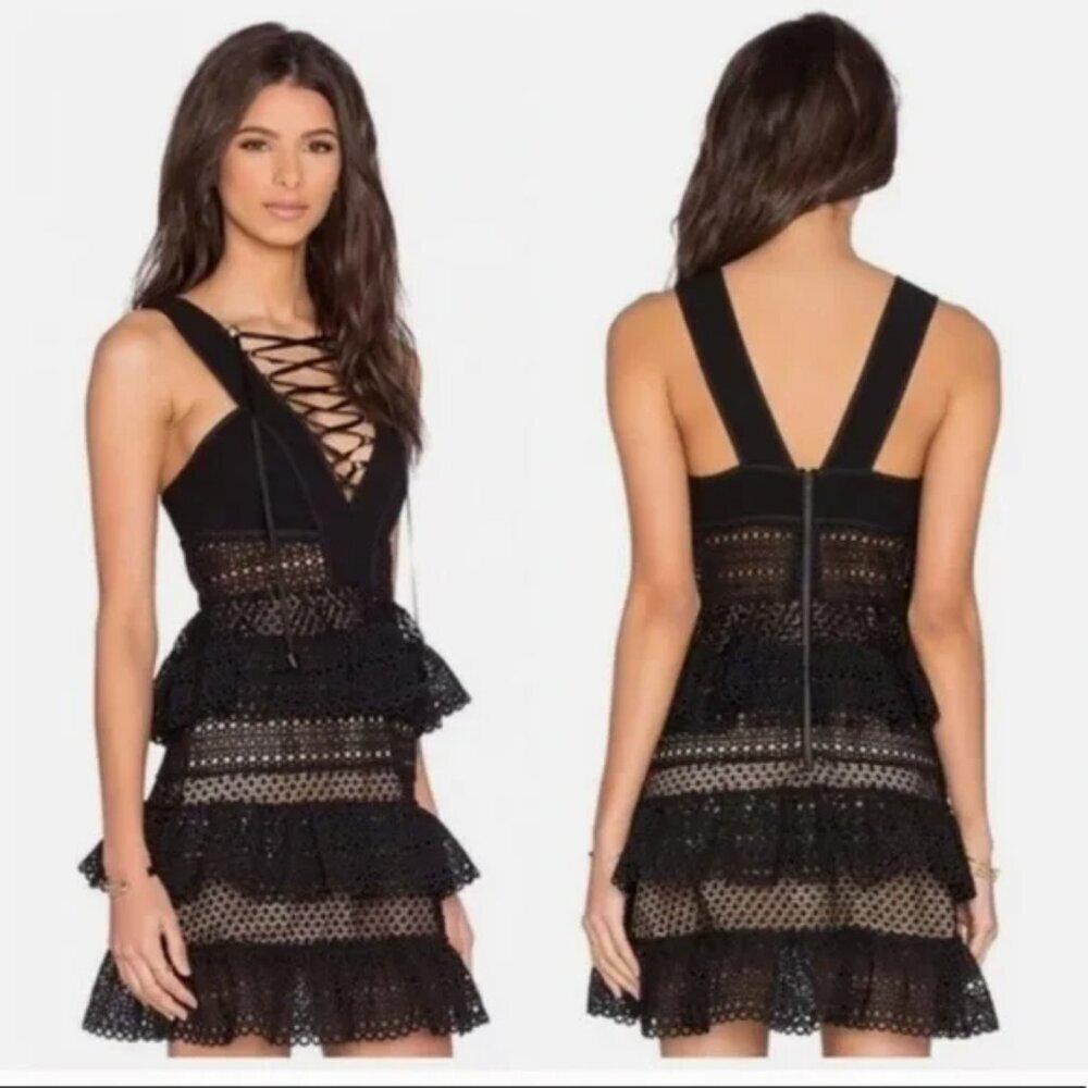 Self Portrait Lace Up Tiered Mini Dress Black Size 2
